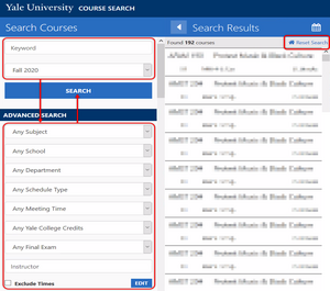 Screen shot of advanced search options in Yale Course Search